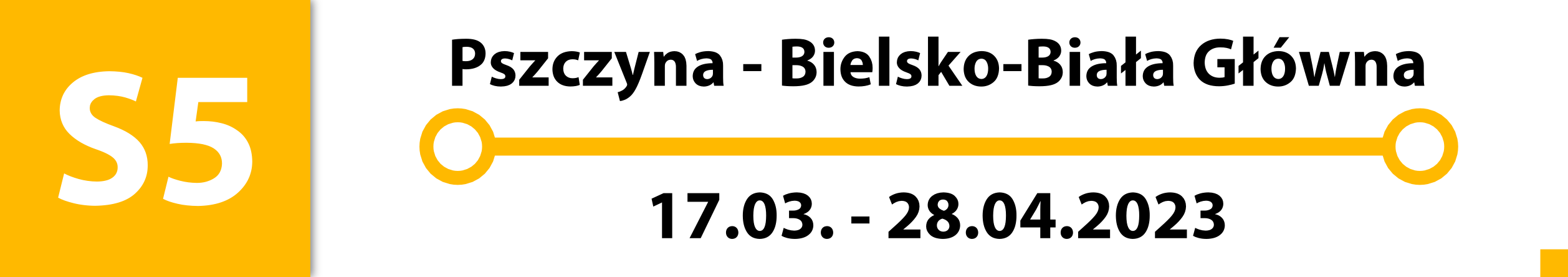 Linia S5. Zastępcza komunikacja autobusowa na odcinku Pszczyna - Bielsko-Biała Główna w terminie od 17 marca do 28 kwietnia 2023 roku.