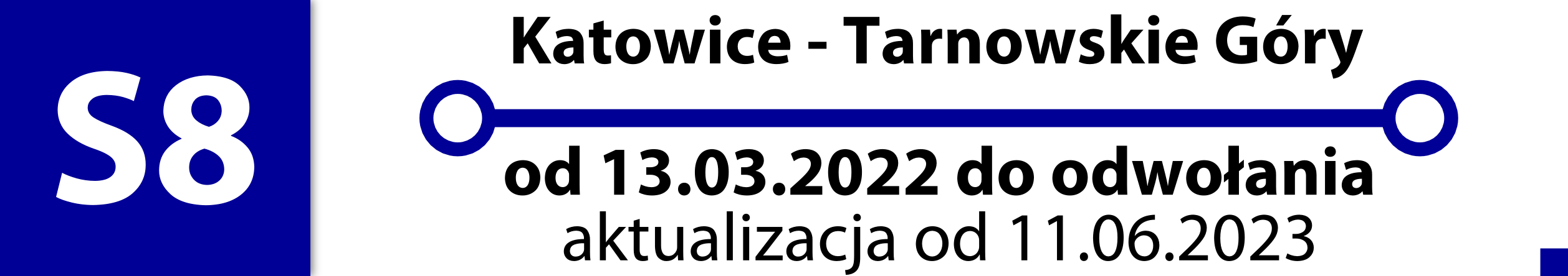 Linia S8. Zastępcza komunikacja autobusowa na odcinku Katowice - Tarnowskie Góry w terminie od 13 marca 2022 roku do odwołania. Aktualizacja od 11 czerwca 2023 roku.