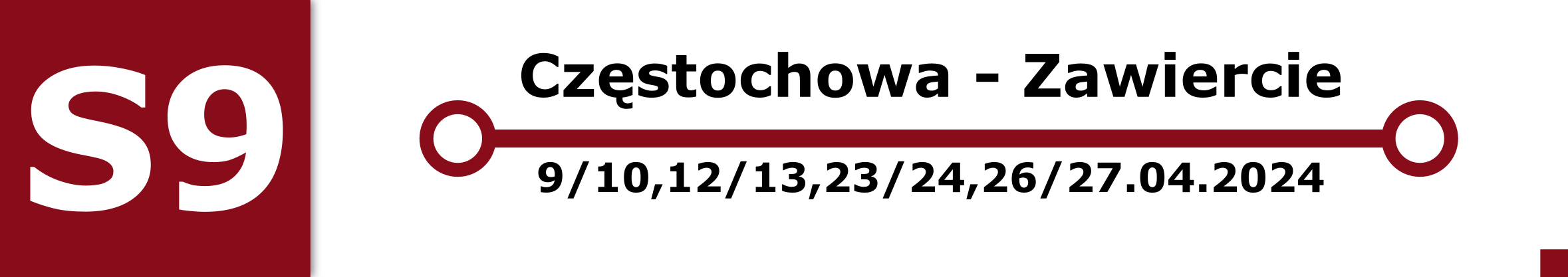 Linia S9. Zastępcza komunikacja autobusowa na odcinku Częstochowa - Zawiercie w noce 9/10, 12/13, 23/24, 26/27 kwietnia.