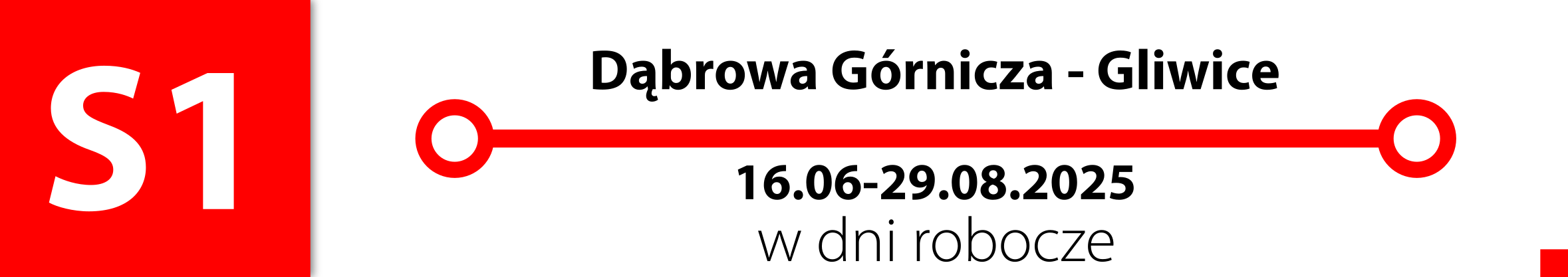 Linia S1.Zastępcza komunikacja autobusowa na odcinku Dąbrowa Górnicza - Gliwice w terminie od 16 czerwca do 29 sierpnia 2025 roku w dni robocze.