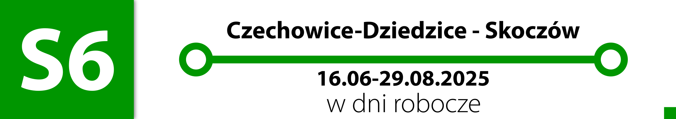 Linia S6. Zastępcza komunikacja autobusowa na odcinku Czechowice-Dziedzice - Skoczów w terminie od 16 czerwca do 29 sierpnia 2025 roku w dni robocze.